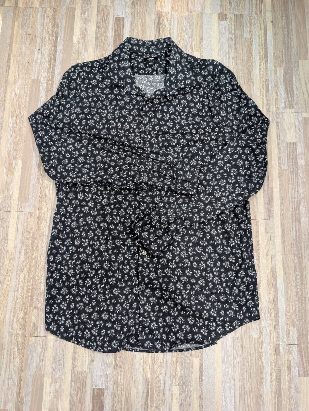 Express Men's Slim 1MX Black & White Ditsy Floral Long Sleeve Button Up Shirt L